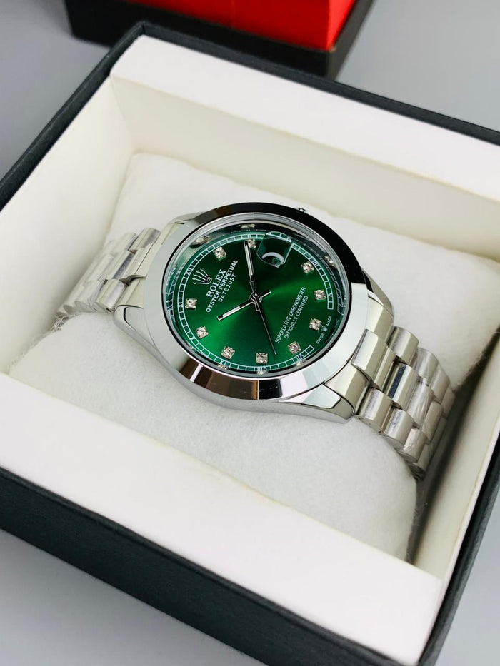Luxury Full Silver Green  dial Men's Watch | Premium Stainless Steel Wrist Watch with Date & Time Display