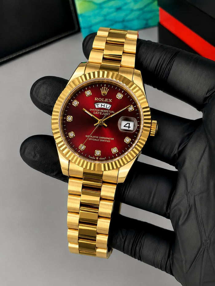 Luxury Golde Chain Red Dial Men's Watch | Premium Stainless Steel Wrist Watch with Date & Time Display