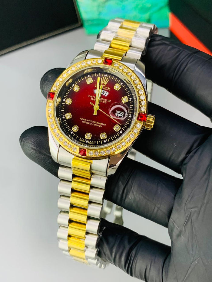 Luxury Golde Chain Red Dial Men's Watch | Premium Stainless Steel Wrist Watch with Date & Time Display