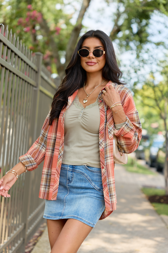 Made Me Realize Plaid Button Front Shirt Rust