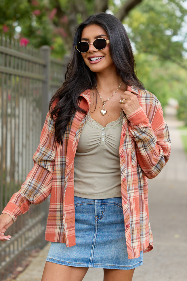 Made Me Realize Plaid Button Front Shirt Rust