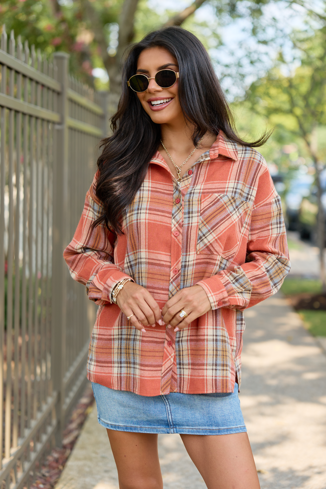 Made Me Realize Plaid Button Front Shirt Rust