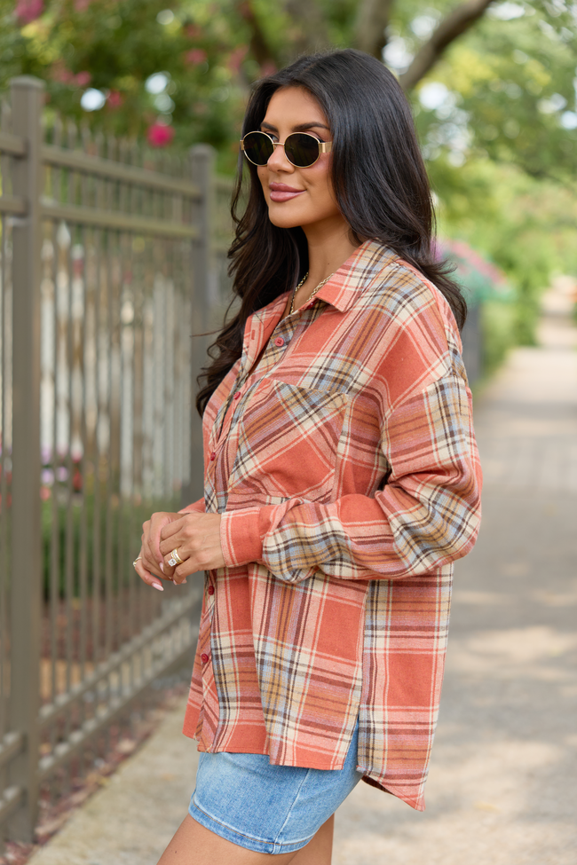 Made Me Realize Plaid Button Front Shirt Rust