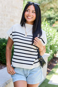 Made to Shine White And Black Striped Mock Neck Short Sleeve Sweater