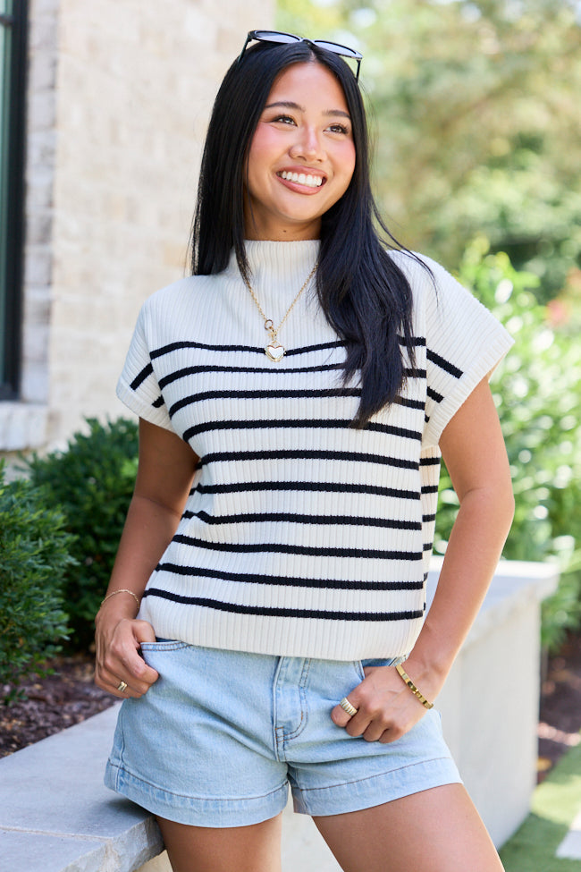 Made to Shine White And Black Striped Mock Neck Short Sleeve Sweater