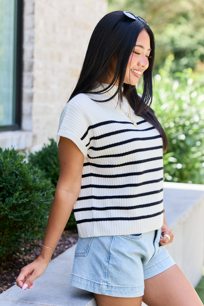 Made to Shine White And Black Striped Mock Neck Short Sleeve Sweater