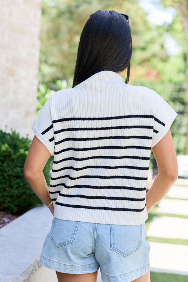 Made to Shine White And Black Striped Mock Neck Short Sleeve Sweater