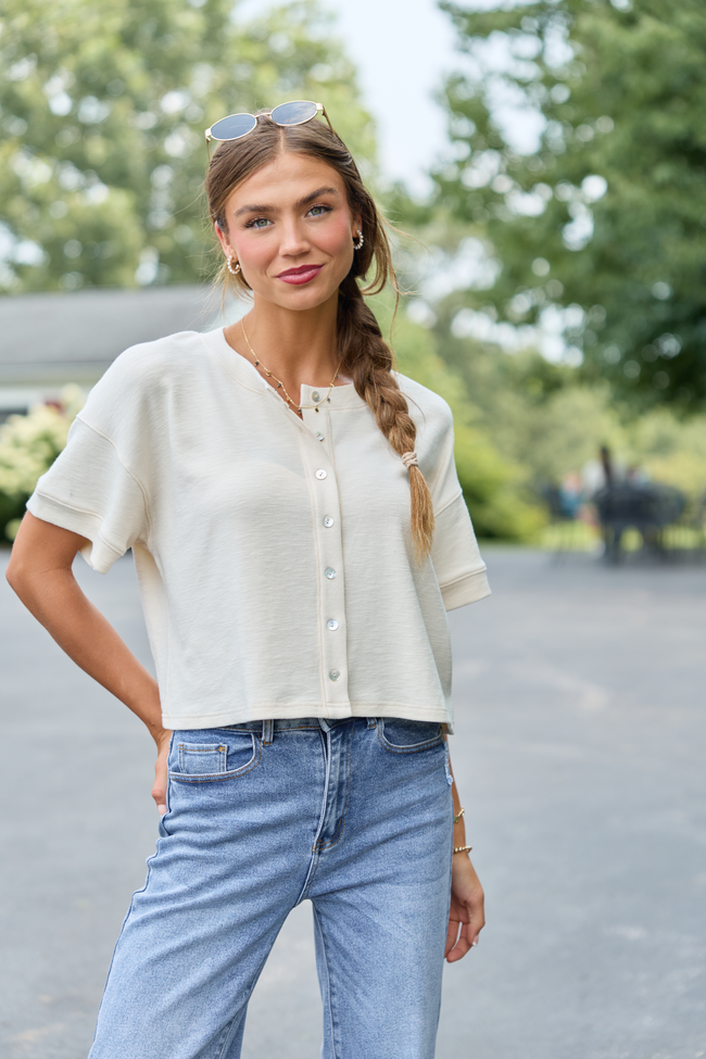 Made to Stay Cream Button-Down Short Sleeve Top
