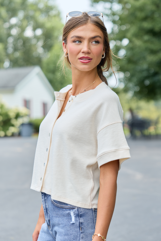 Made to Stay Cream Button-Down Short Sleeve Top