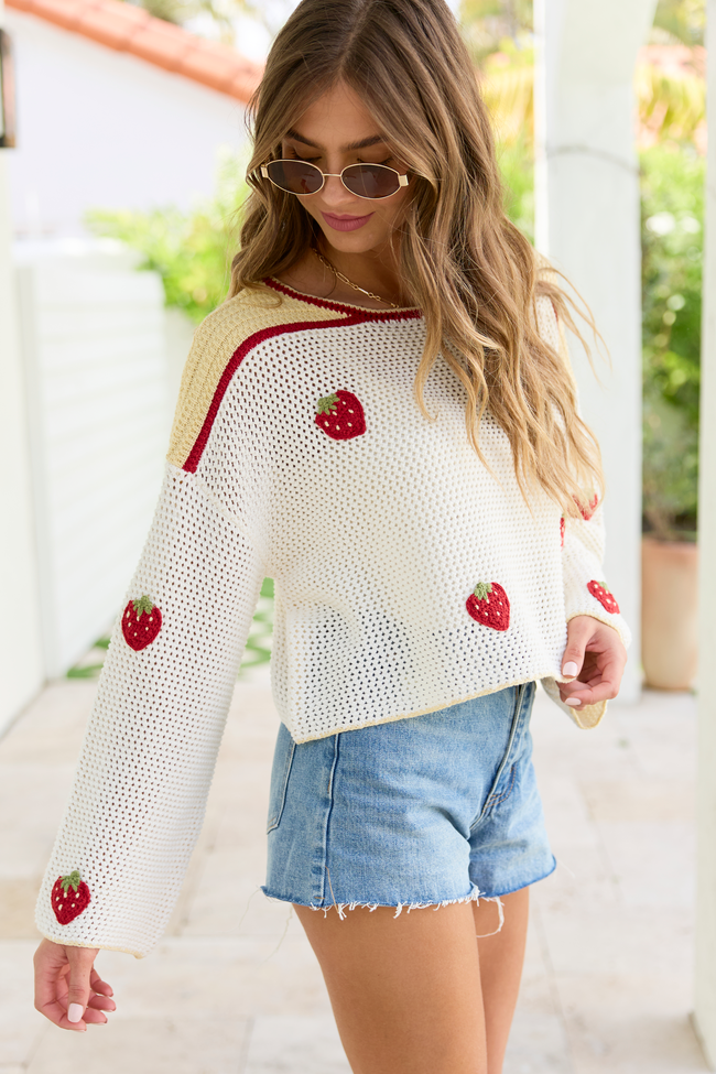 Madi Ivory Strawberry Crewneck Sweater FINAL SALE
