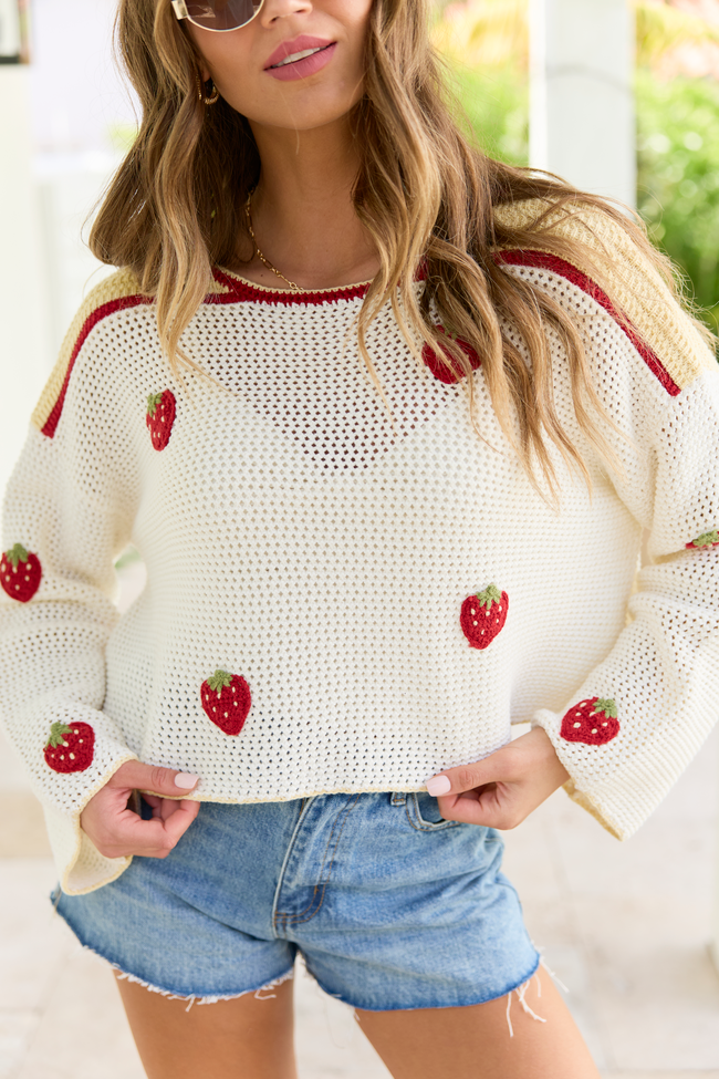 Madi Ivory Strawberry Crewneck Sweater FINAL SALE