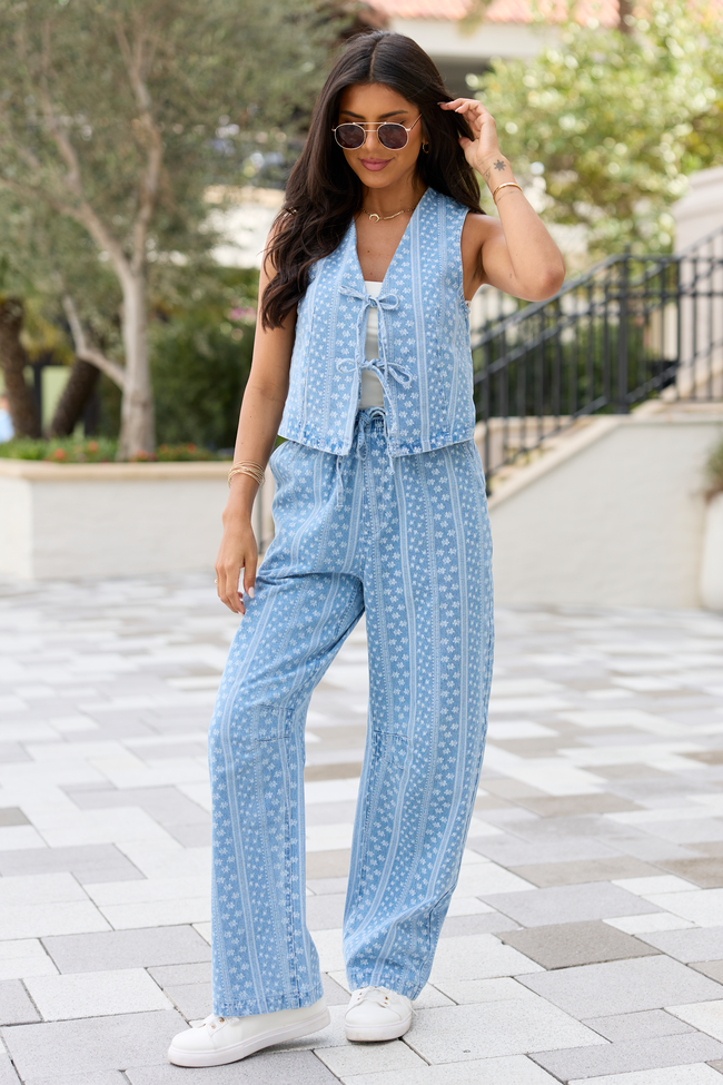 Maeve Blue And White Floral Printed Chambray Vest FINAL SALE