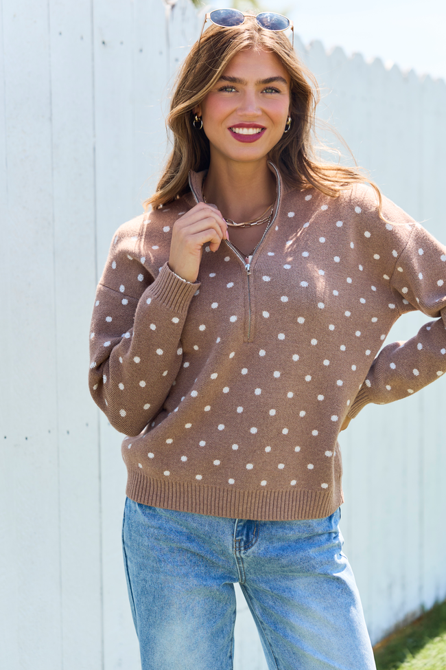 Make It Count Polka Dot Quarter Zip Pullover Brown