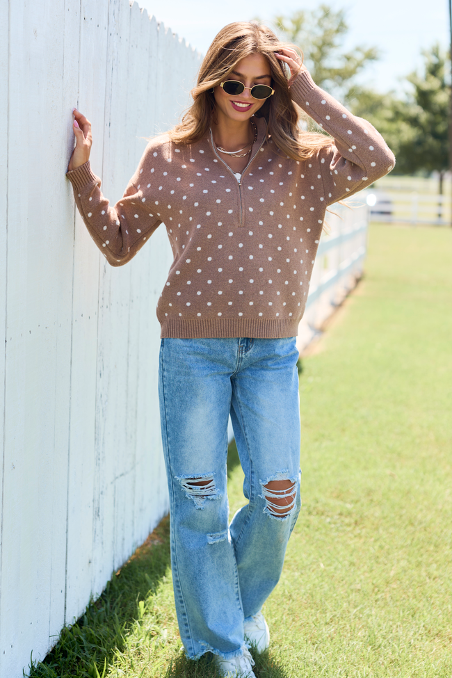 Make It Count Polka Dot Quarter Zip Pullover Brown