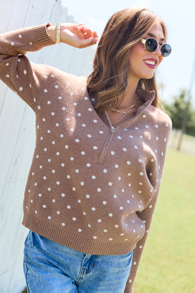 Make It Count Polka Dot Quarter Zip Pullover Brown