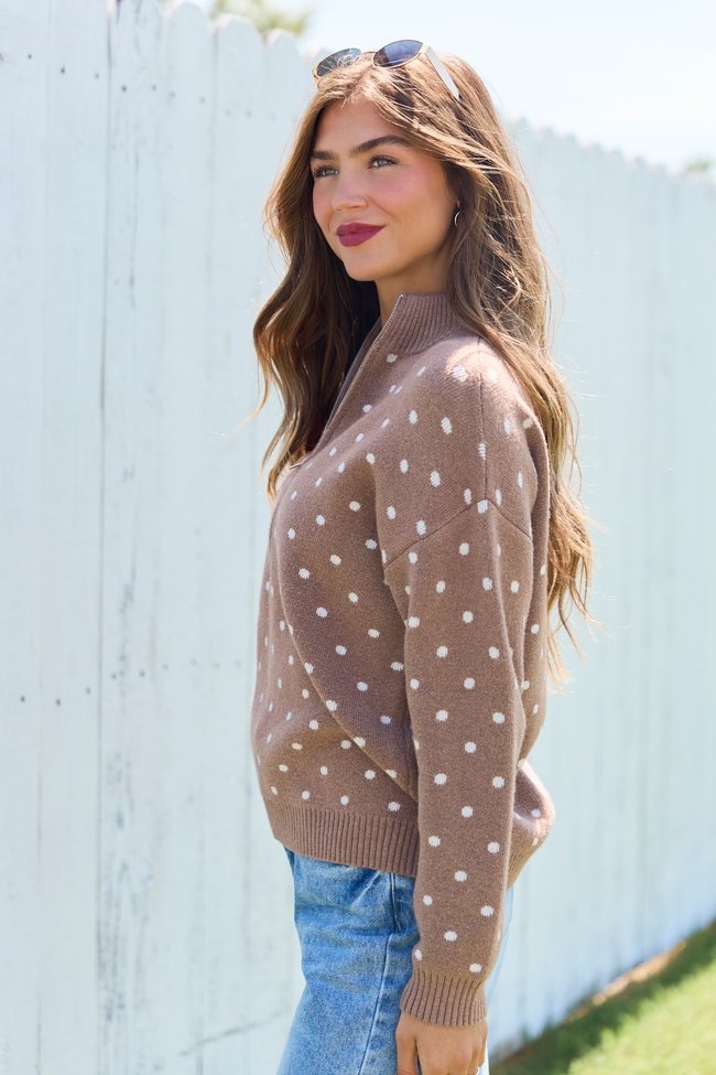 Make It Count Polka Dot Quarter Zip Pullover Brown