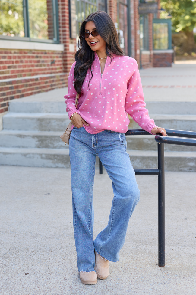 Make It Count Polka Dot Quarter Zip Pullover Rose