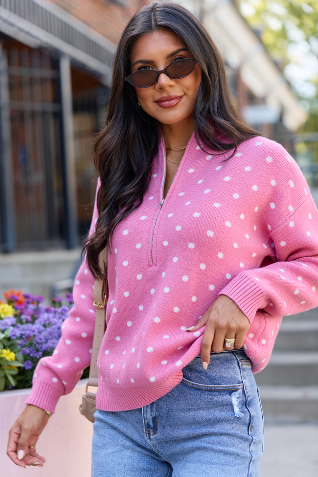 Make It Count Polka Dot Quarter Zip Pullover Rose