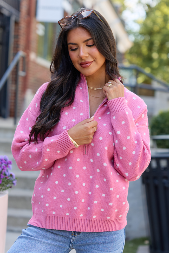 Make It Count Polka Dot Quarter Zip Pullover Rose
