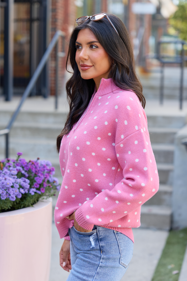 Make It Count Polka Dot Quarter Zip Pullover Rose