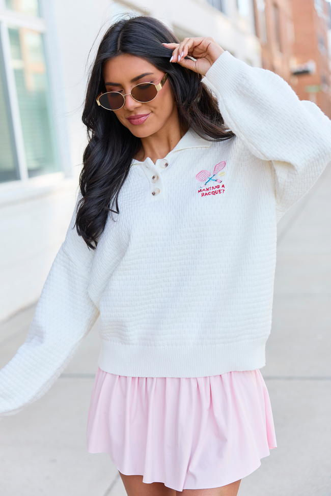 Making A Racquet Ivory Embroidered Pullover FINAL SALE