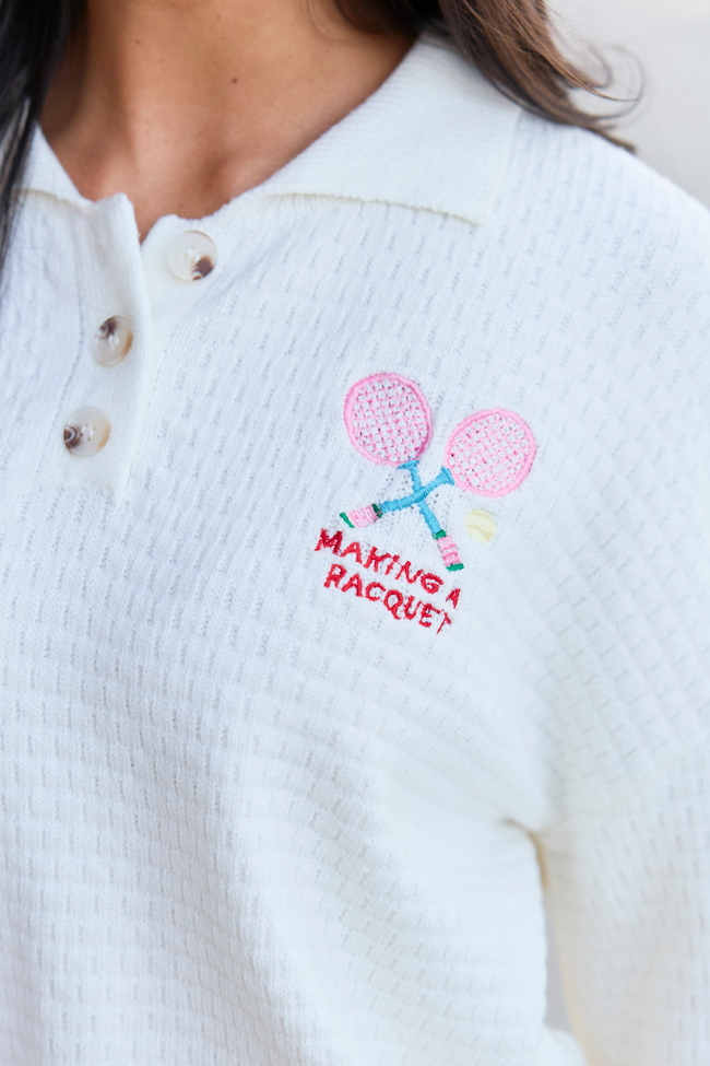 Making A Racquet Ivory Embroidered Pullover FINAL SALE