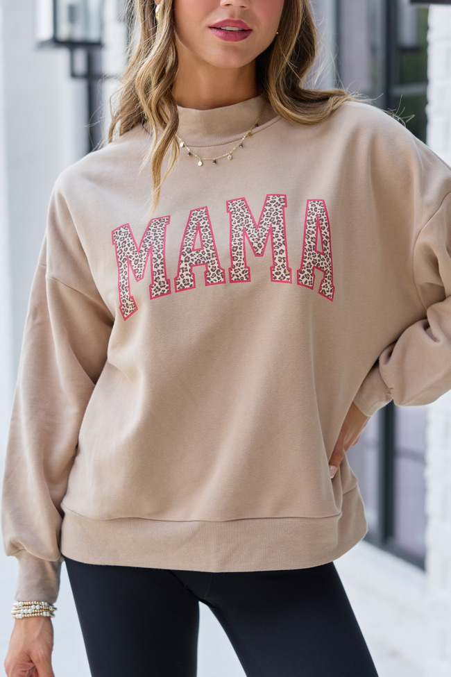 Mama Leopard Taupe Mock Neck Graphic Sweatshirt
