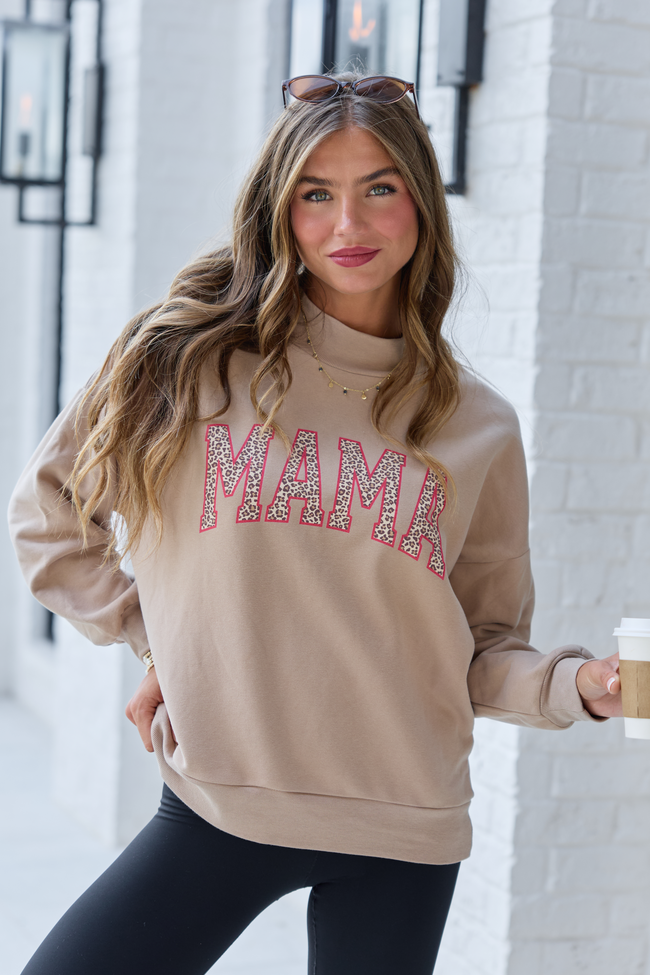 Mama Leopard Taupe Mock Neck Graphic Sweatshirt