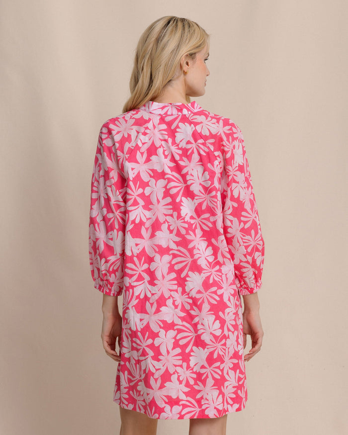 The back view of the Southern Tide Mandy Bubble Sleeve Dress by Southern Tide - Fandango Pink