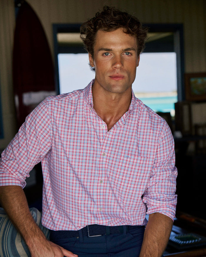 The lifestyle view of the Southern Tide Maravilla Coastal Breeze® Sport Shirt by Southern Tide - Island Pink