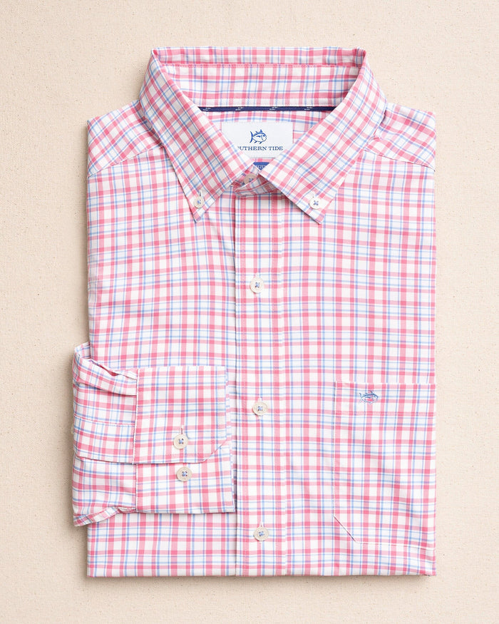 The front view of the Southern Tide Maravilla Coastal Breeze® Sport Shirt by Southern Tide - Island Pink