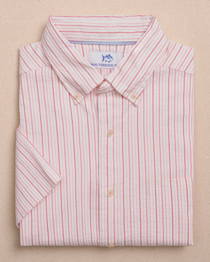 The front view of the Southern Tide Marina Seersucker Coastal Breeze® Short Sleeve Sport Shirt by Southern Tide - Sea Pink