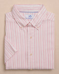 The front view of the Southern Tide Marina Seersucker Coastal Breeze® Short Sleeve Sport Shirt by Southern Tide - Sea Pink
