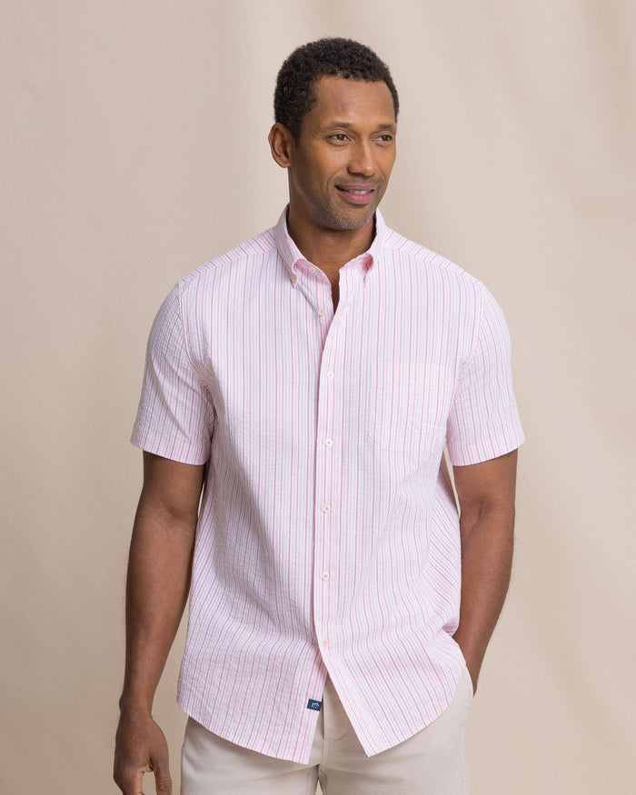 The front view of the Southern Tide Marina Seersucker Coastal Breeze® Short Sleeve Sport Shirt by Southern Tide - Sea Pink