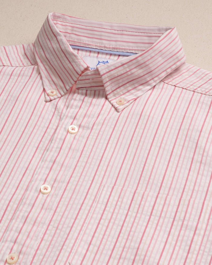 The detail view of the Southern Tide Marina Seersucker Coastal Breeze® Short Sleeve Sport Shirt by Southern Tide - Sea Pink
