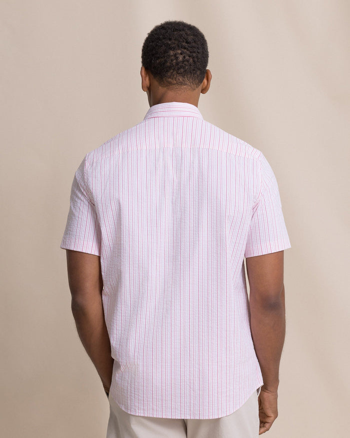 The back view of the Southern Tide Marina Seersucker Coastal Breeze® Short Sleeve Sport Shirt by Southern Tide - Sea Pink