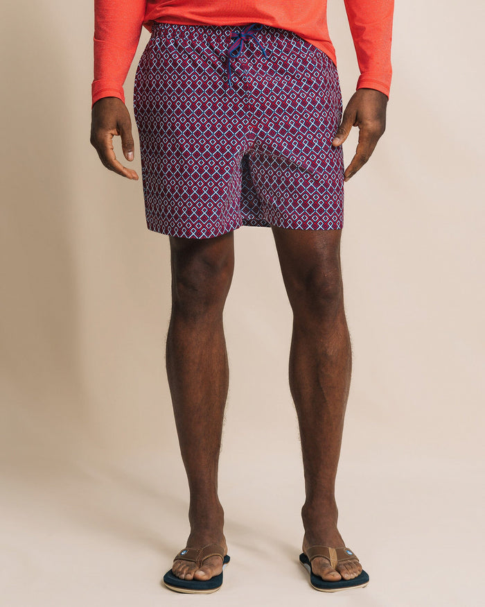 The front view of the Southern Tide Marine Mirage Maritime Swim Trunk by Southern Tide - Channel Marker Red