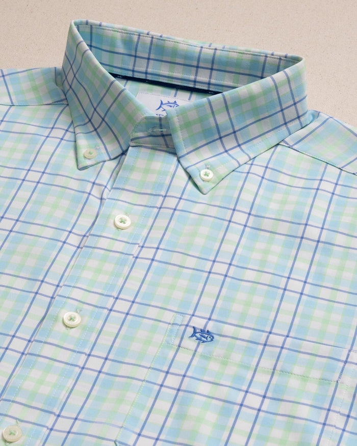 The detail view of the Southern Tide Master Plaid Coastal Breeze® Sport Shirt by Southern Tide - Tropical Breeze Blue