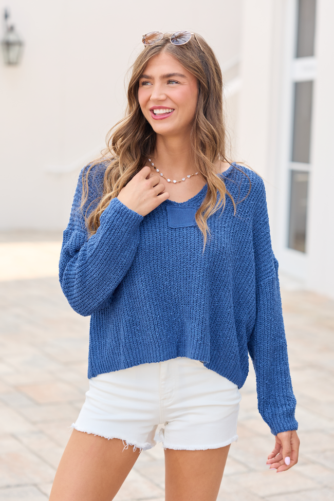 Mckenzie Blue Open Knit V-Neck Sweater