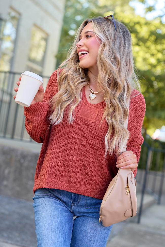 Mckenzie Rust Open Knit V-Neck Sweater