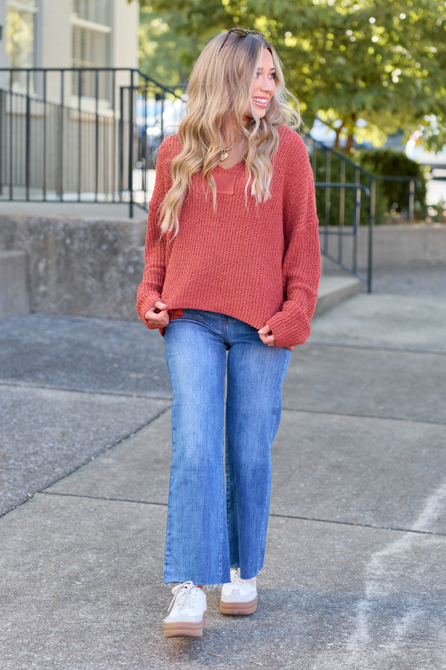 Mckenzie Rust Open Knit V-Neck Sweater
