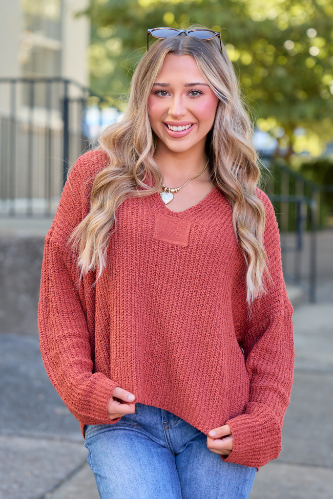 Mckenzie Rust Open Knit V-Neck Sweater