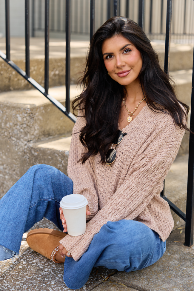 Mckenzie Taupe Open Knit V-Neck Sweater