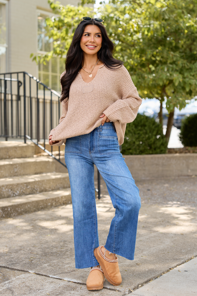Mckenzie Taupe Open Knit V-Neck Sweater