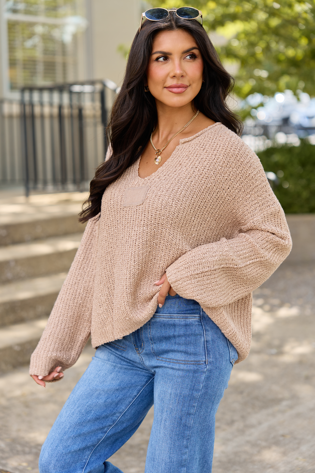Mckenzie Taupe Open Knit V-Neck Sweater