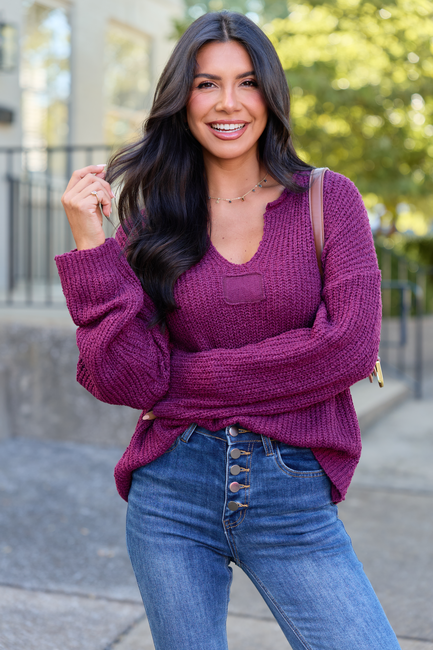 Mckenzie Wine Open Knit V-Neck Sweater