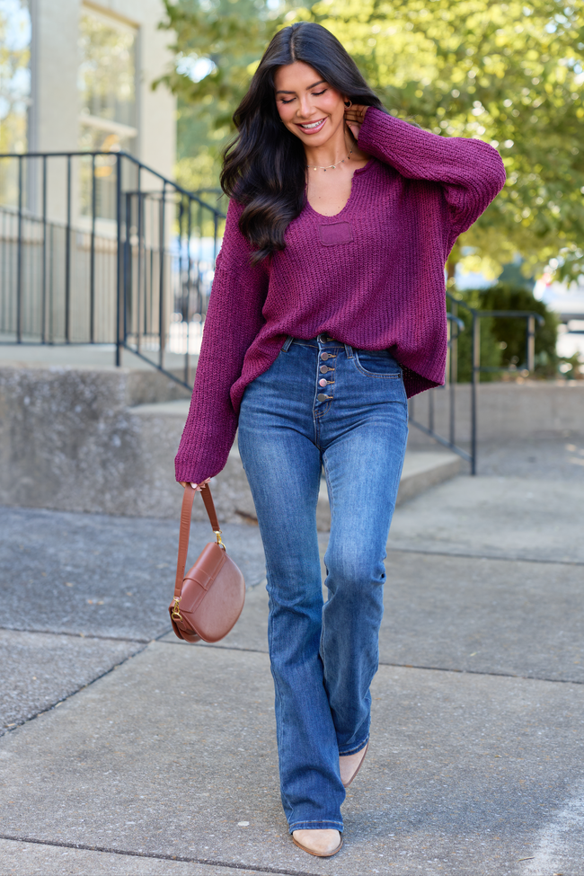 Mckenzie Wine Open Knit V-Neck Sweater
