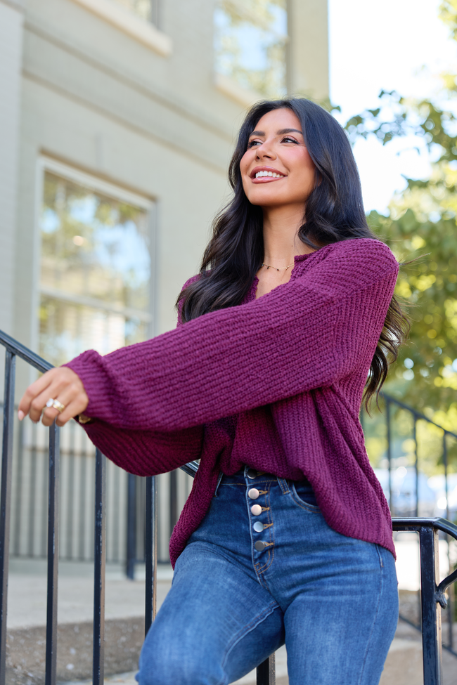 Mckenzie Wine Open Knit V-Neck Sweater