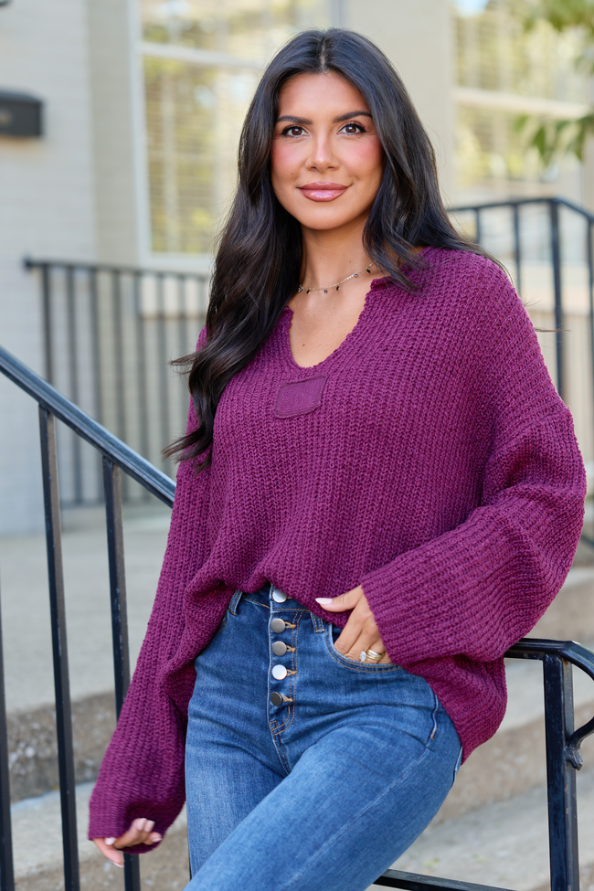 Mckenzie Wine Open Knit V-Neck Sweater