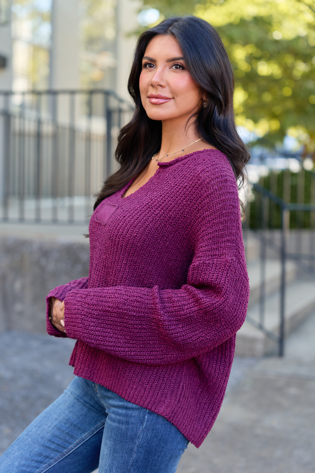 Mckenzie Wine Open Knit V-Neck Sweater